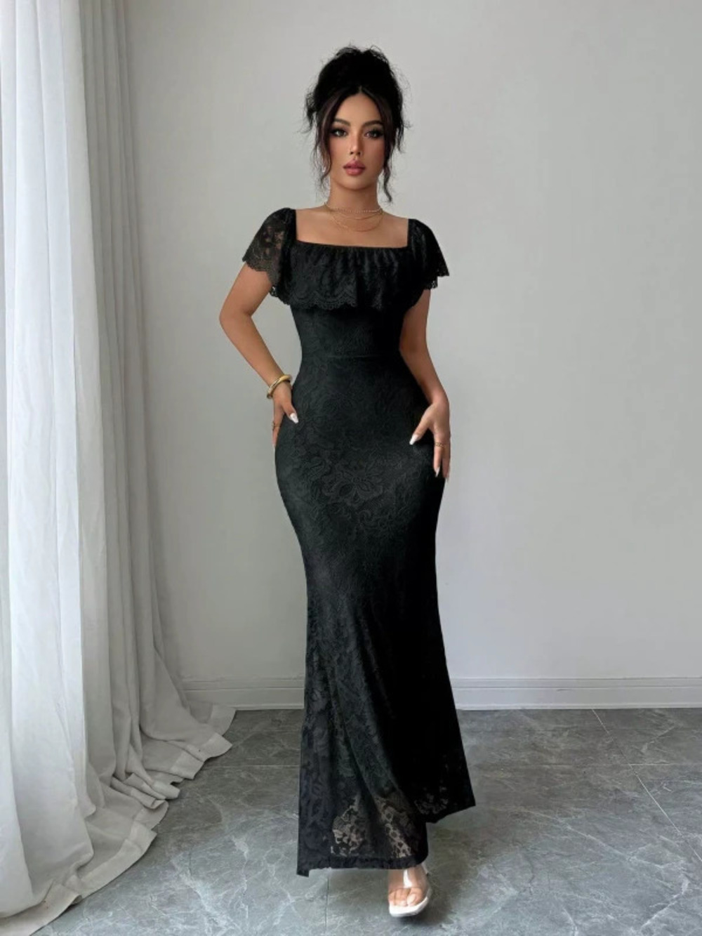 Autumn Elegant Off Shoulder Ruffle Lace Patchwork Maxi Dress